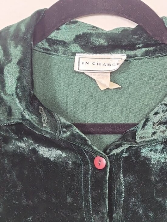 Vintage Women Crushed Velvet Button Up Shirt Size L Green Long Sleeve Collar Y2K - Picture 3 of 11